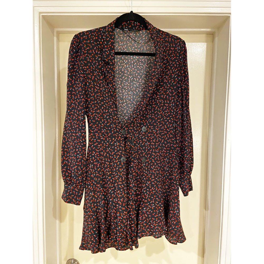 Zara Black and Red Floral Mini with Sleeves